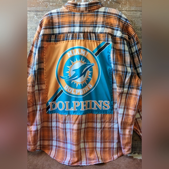 Miami Dolphins Upcycled Handcrafted Dip Dyed Bleached Flannel Shirt - Picture 2 of 13